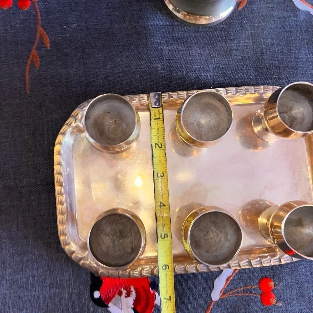 Vintage Solid Brass Barware Set 6 Cordial Shot Glass with tray